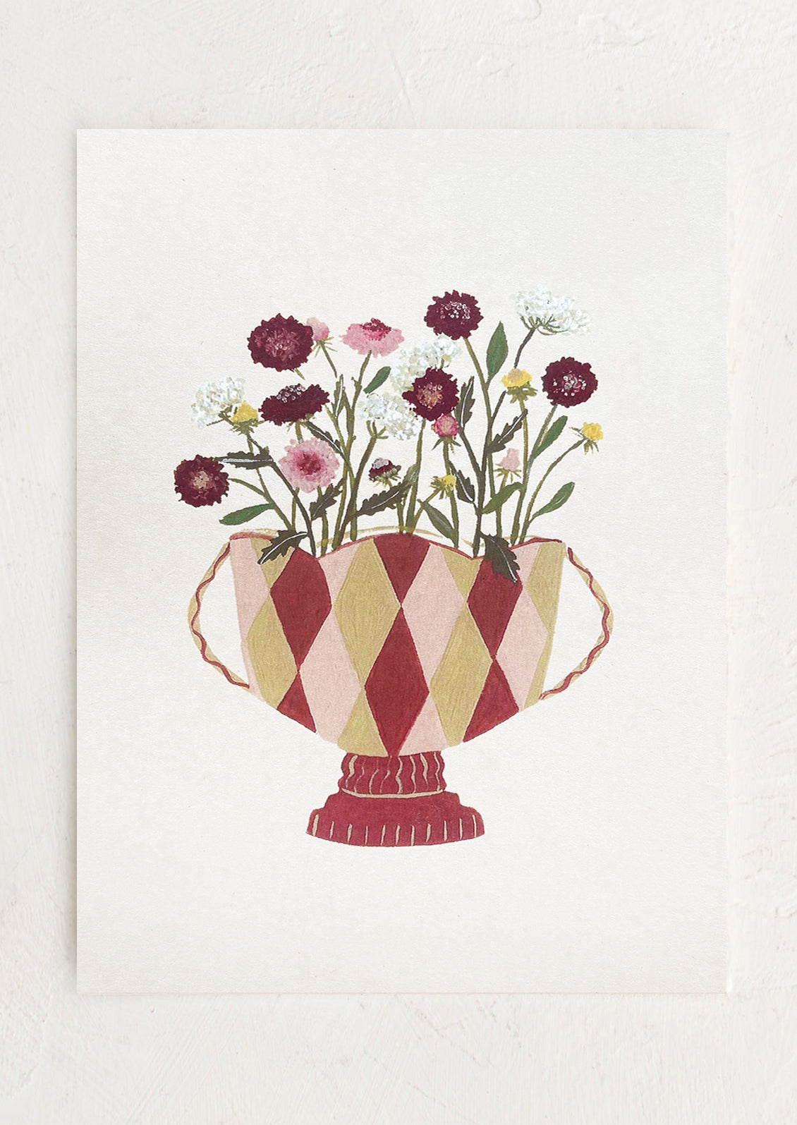 Decorative print of a vase with flowers on a white background
