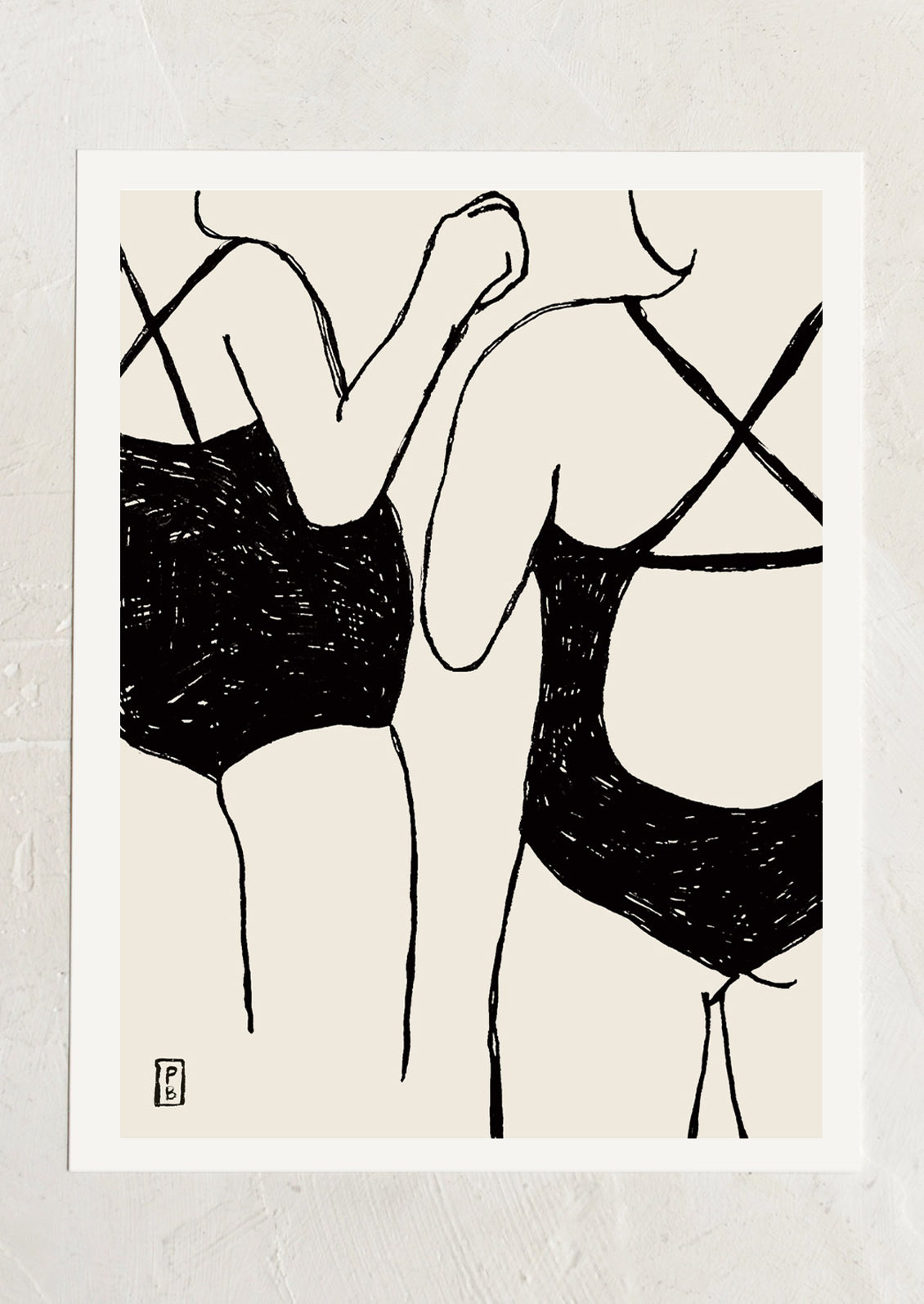 An art print in cream and black, with illustration of two girls in swimsuits, viewed from the back.