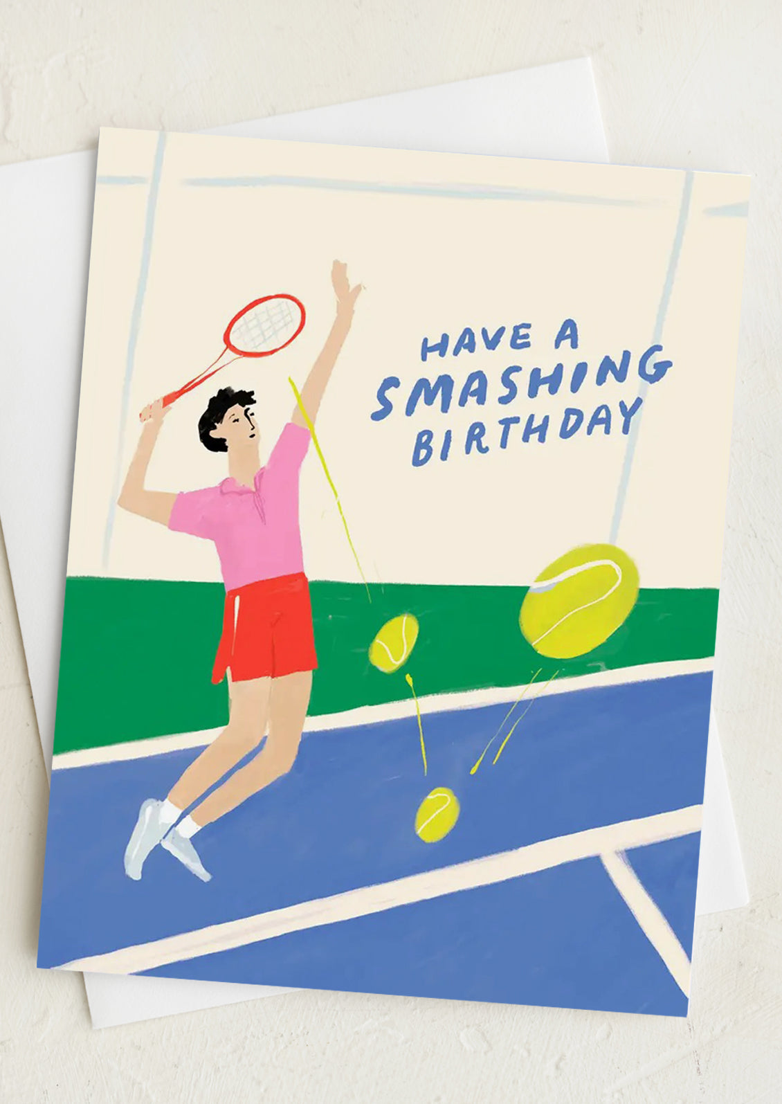 A card with illustration of a man playing tennis, text reads "Have A Smashing Birthday".