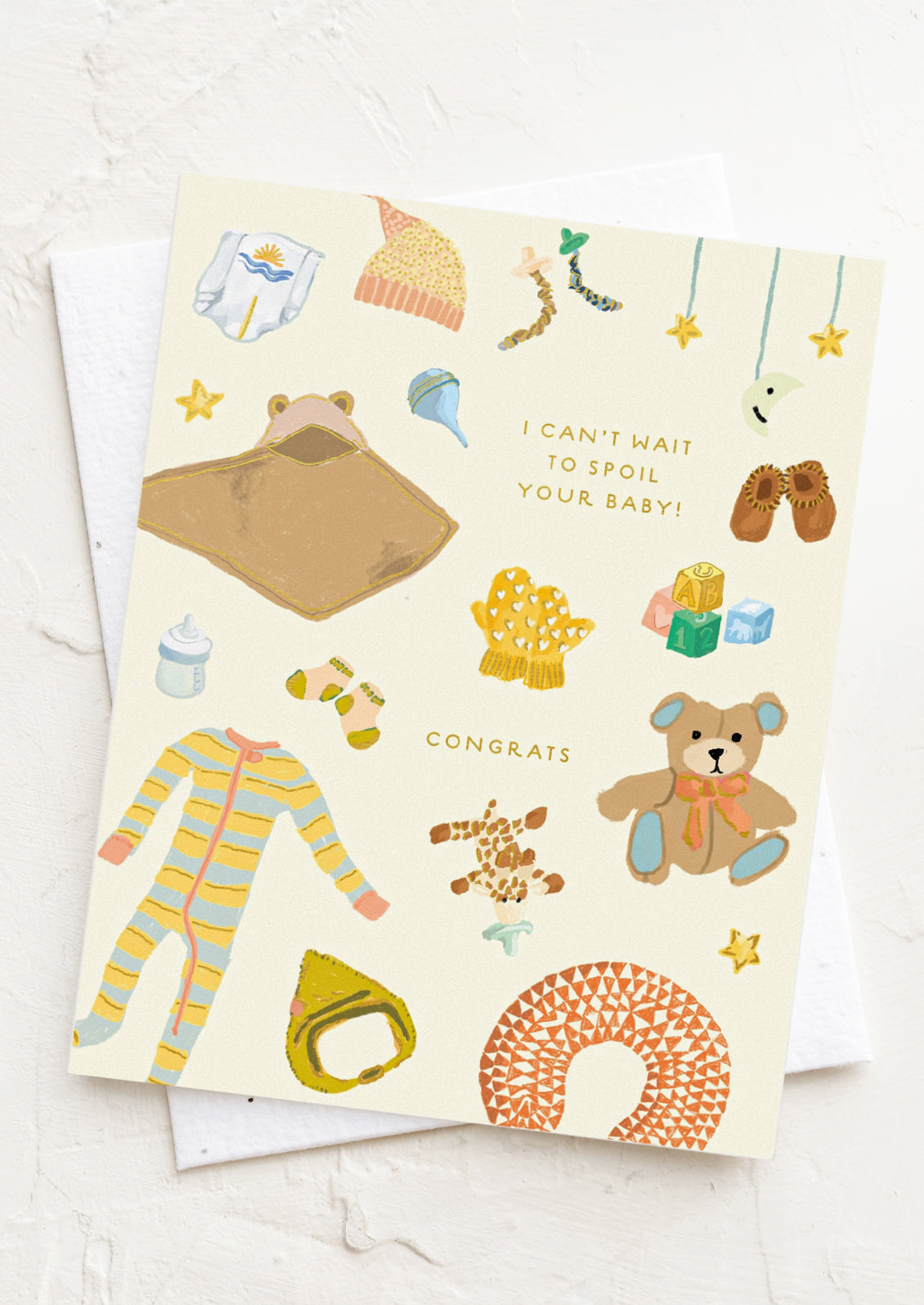A greeting card illustrated with baby objects, text reads "I Can't wait to spoil your baby! Congrats".