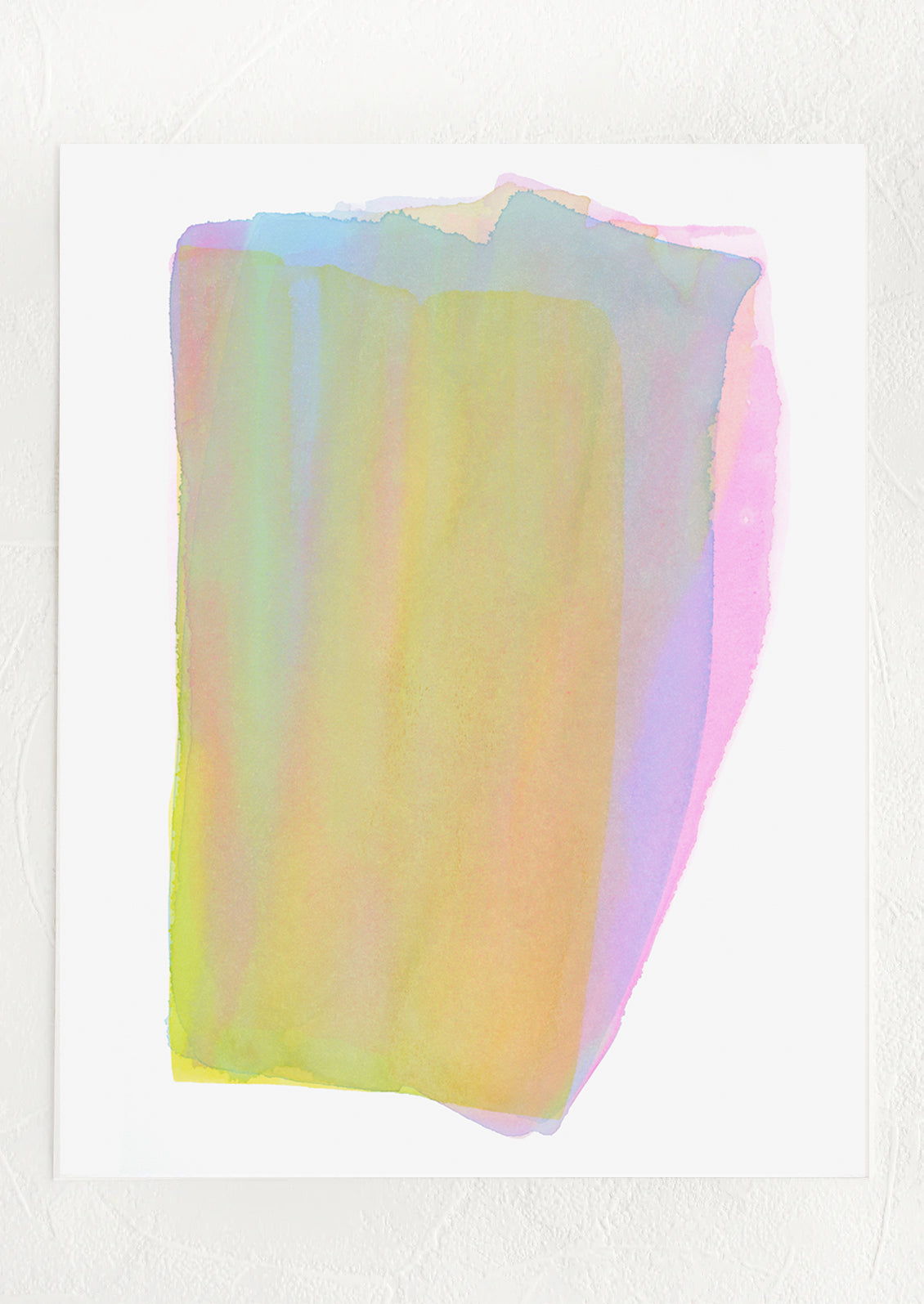 A watercolor art print with abstract layered color form in shades of pink, purple, blue, green and yellow.