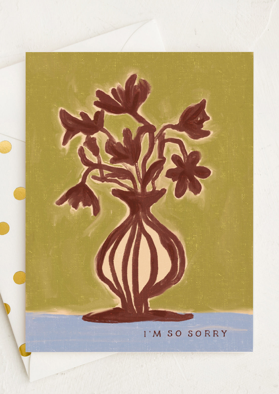 Card with brown floral design and 'I'm So Sorry' text on a green background