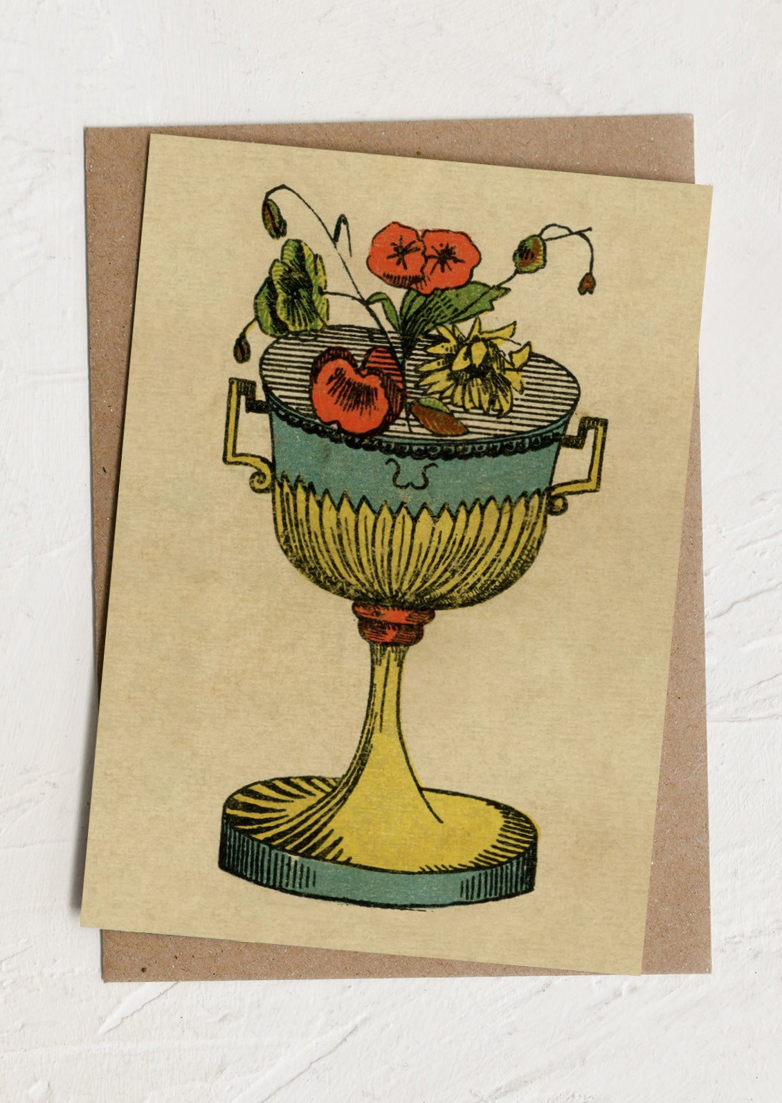 Greeting card with a vintage-style illustration of a chalice with flowers on a beige background.