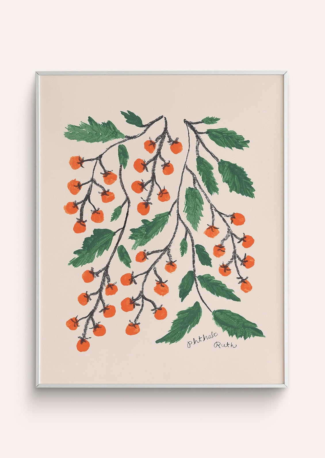 Illustration of a branch with green leaves and orange tomatoes on a beige background