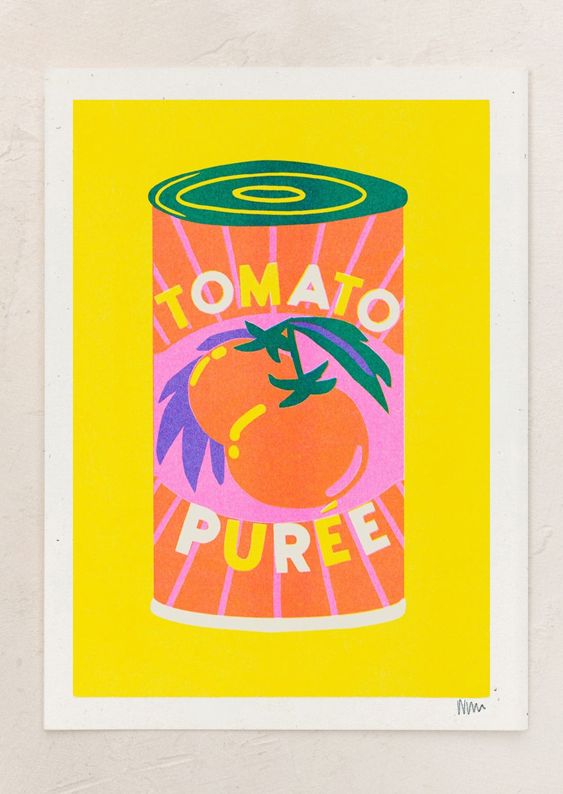 A risograph art print of can of tomato puree on bright yellow background.