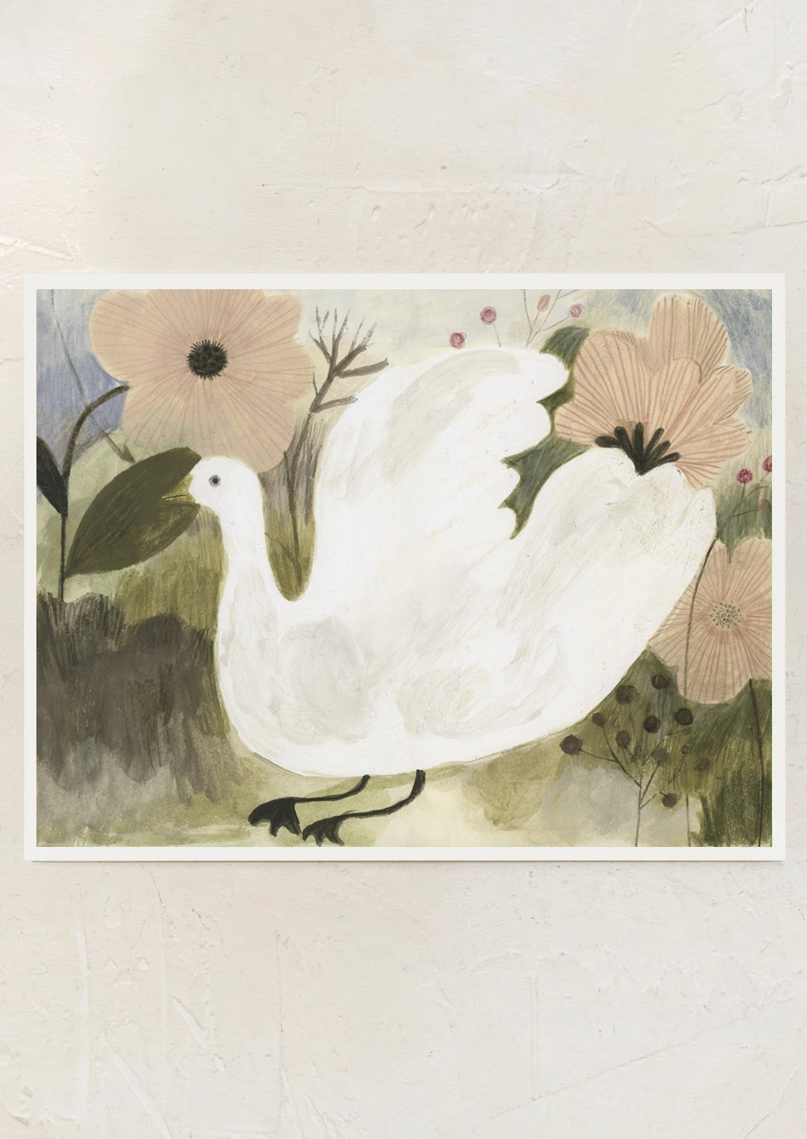 An art print featuring a depiction of a white goose among a floral backdrop.