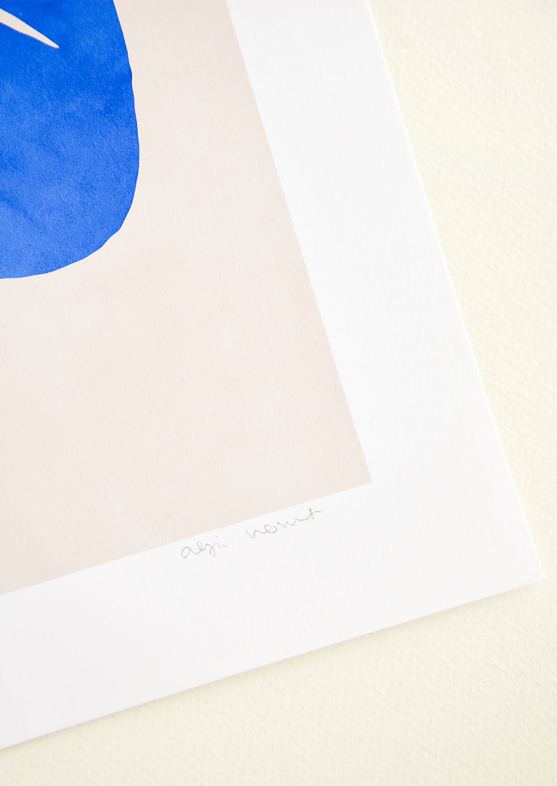 Artist's signature in pencil on corner of art print.