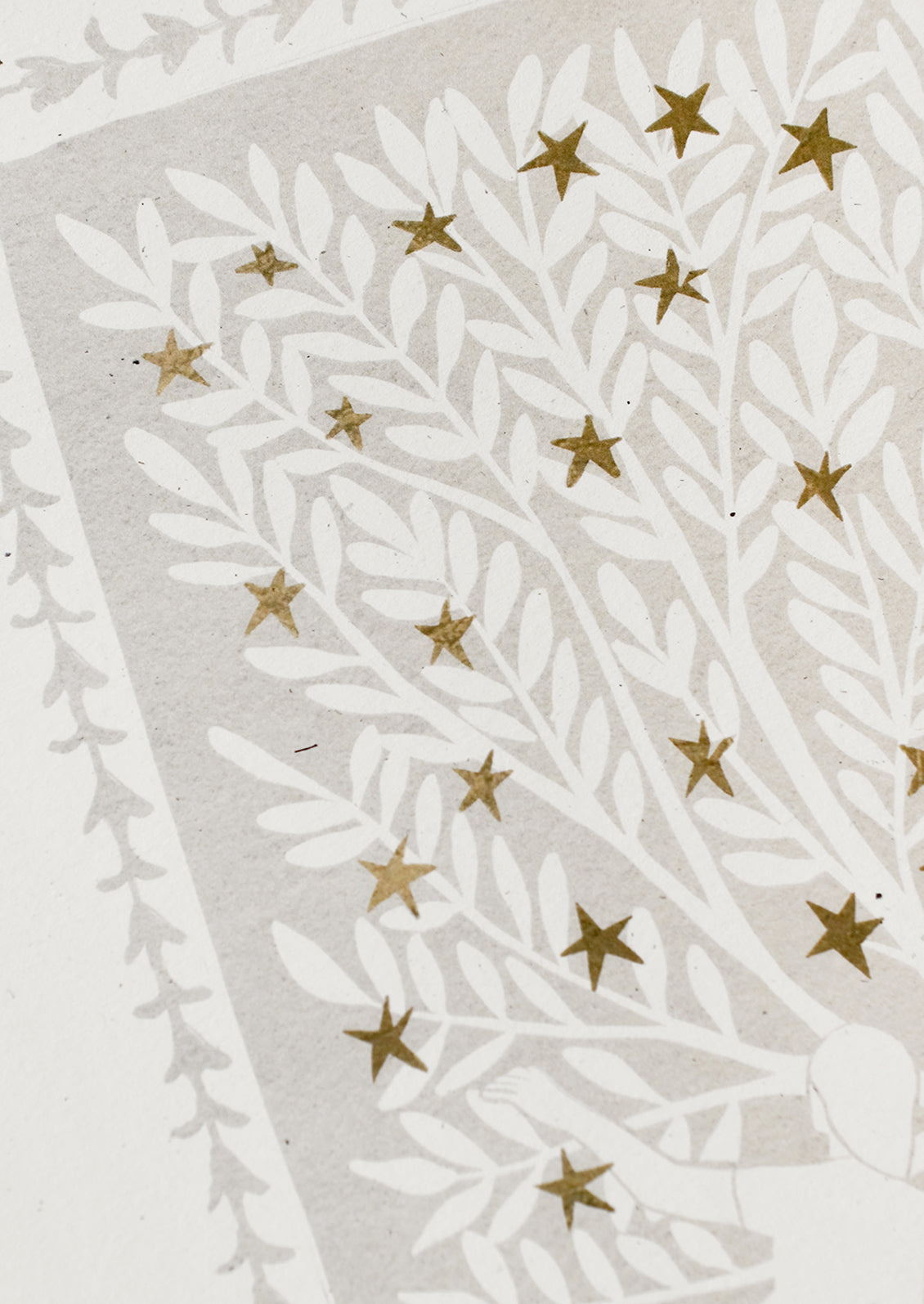 A print with outline of a woman collecting gold stars from a tree.