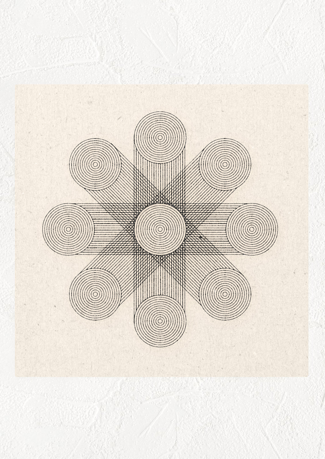 A digital art print featuring thin black lined geometric design on speckled paper.