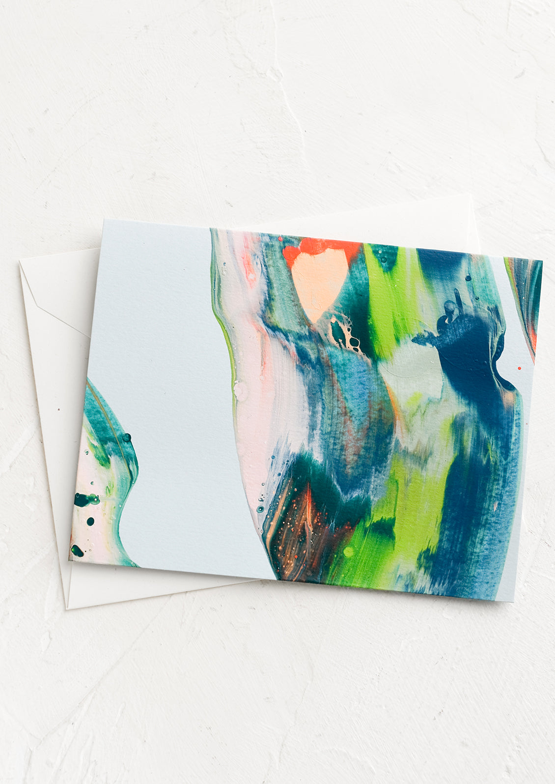 Paintswirl card in shades of blue, coral and green.