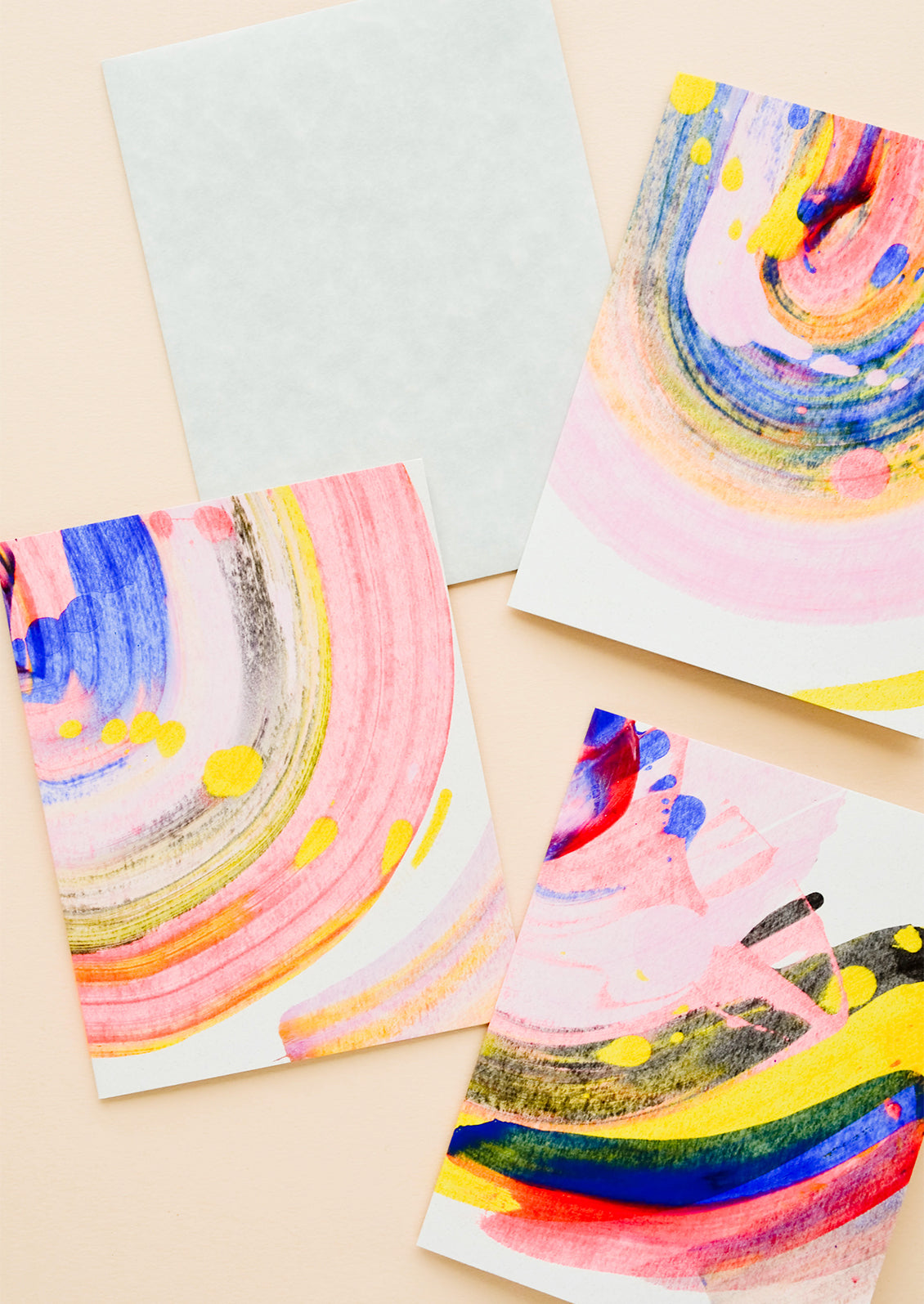 Set of all purpose greeting cards with hand painted, colorful swirl patterns on front