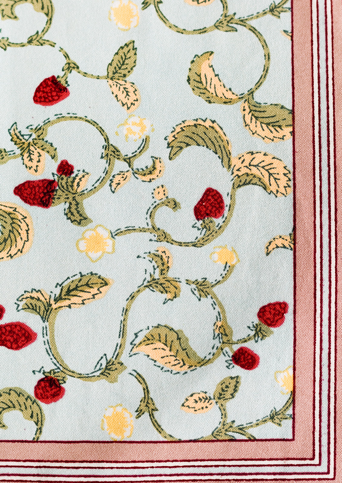 A light aqua placemat with bordered raspberry print.