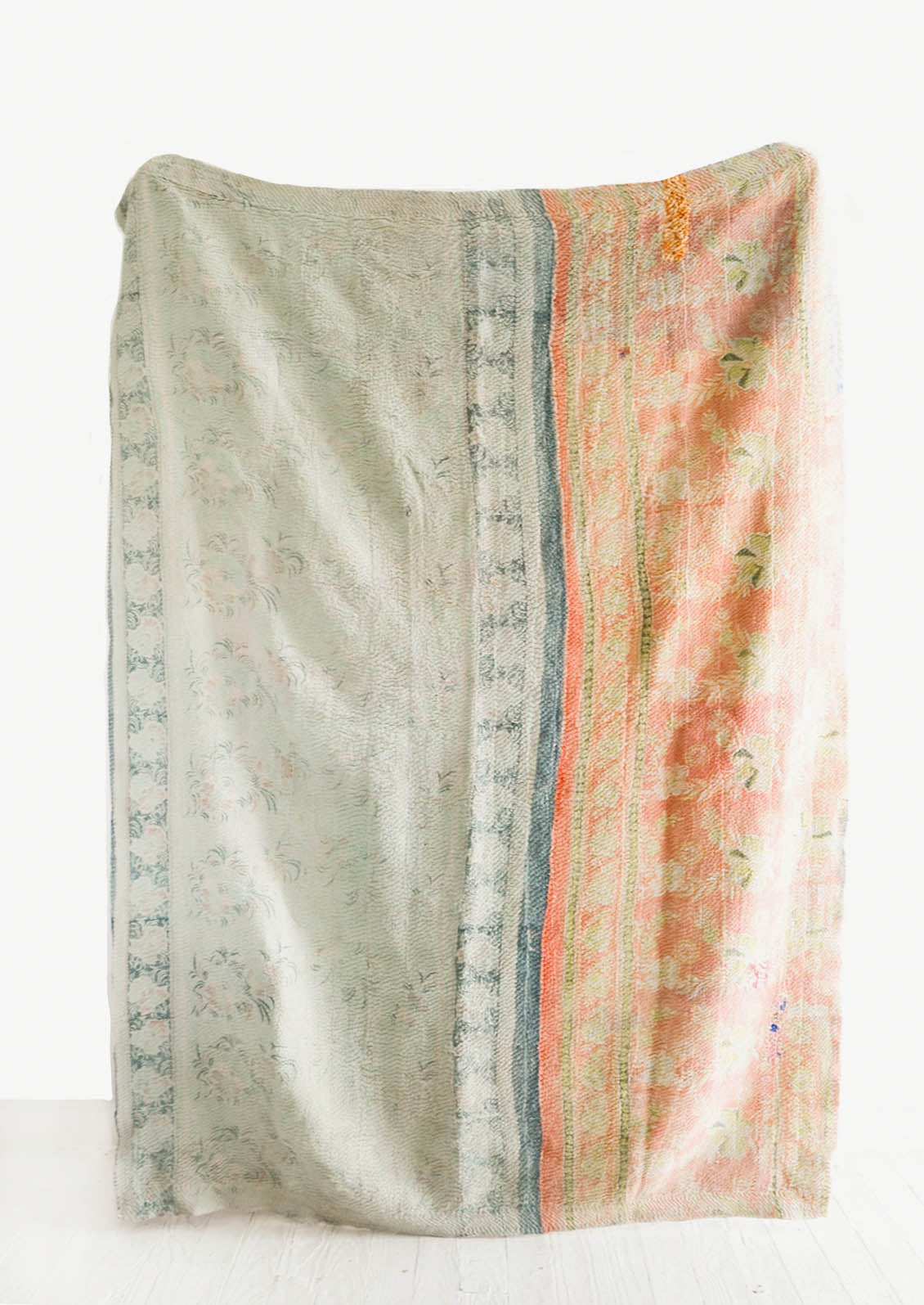 Reverse Side Of Vintage Patchwork Kantha Quilt in Mint/Orange - LEIF
