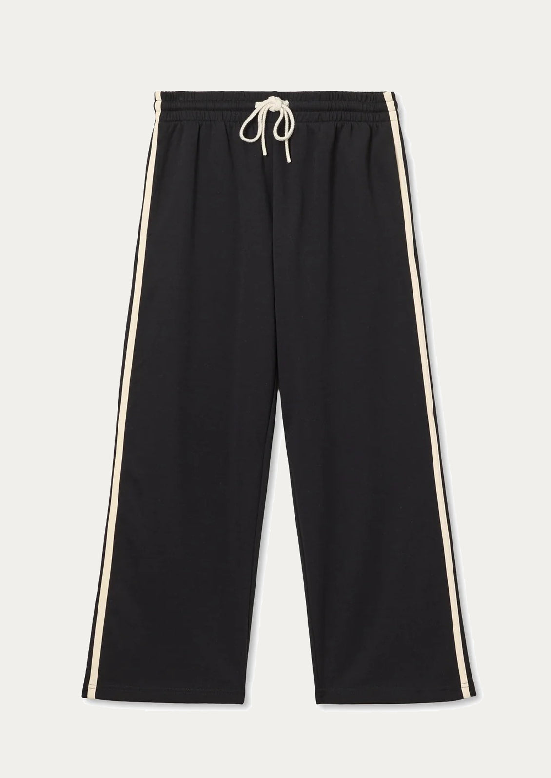 Black pants with white stripes on a light gray background