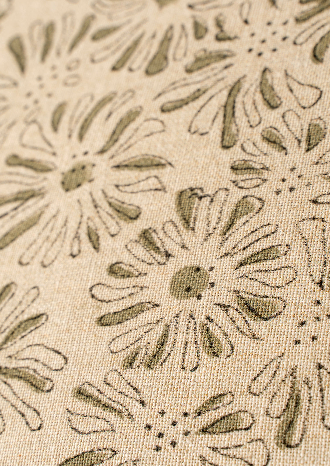 A close-up of a beige woven fabric with an allover floral pattern in muted olive green and dark brown outlines.