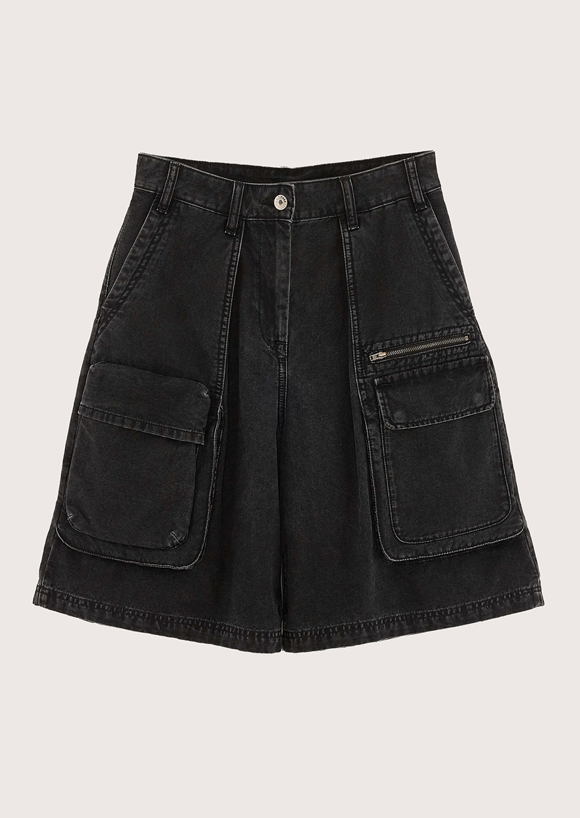 A person wearing a pair of charcoal denim cargo shorts.