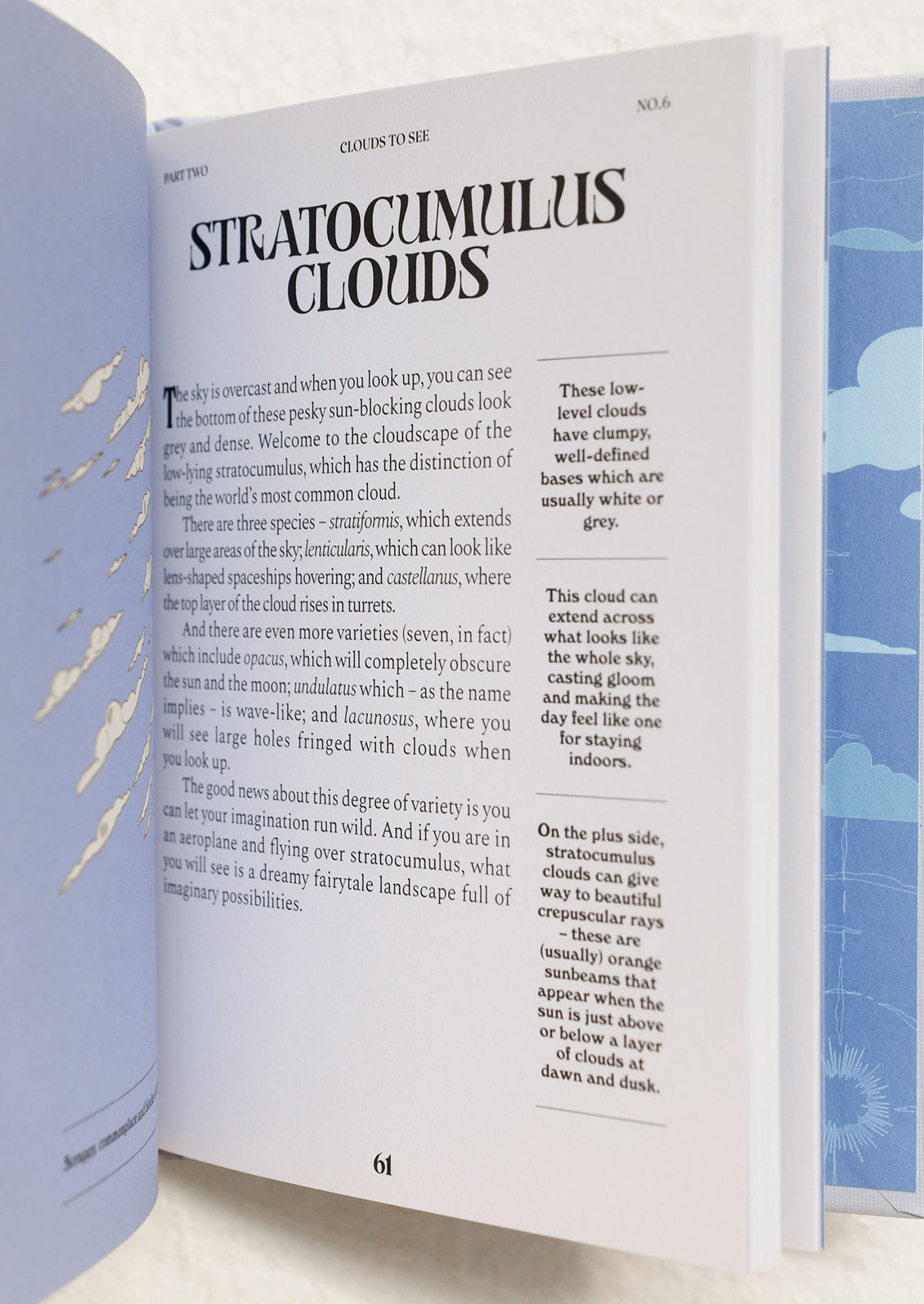 Open book with text on stratocumulus clouds and a blue illustration of clouds on the right page.