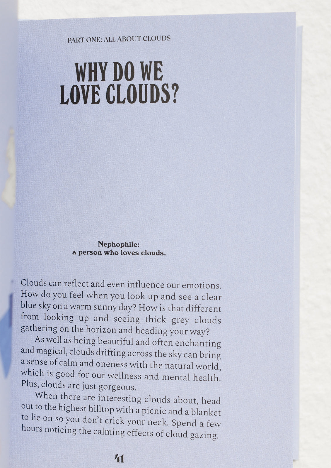 Text on a light blue background discussing the love for clouds and their impact on emotions.