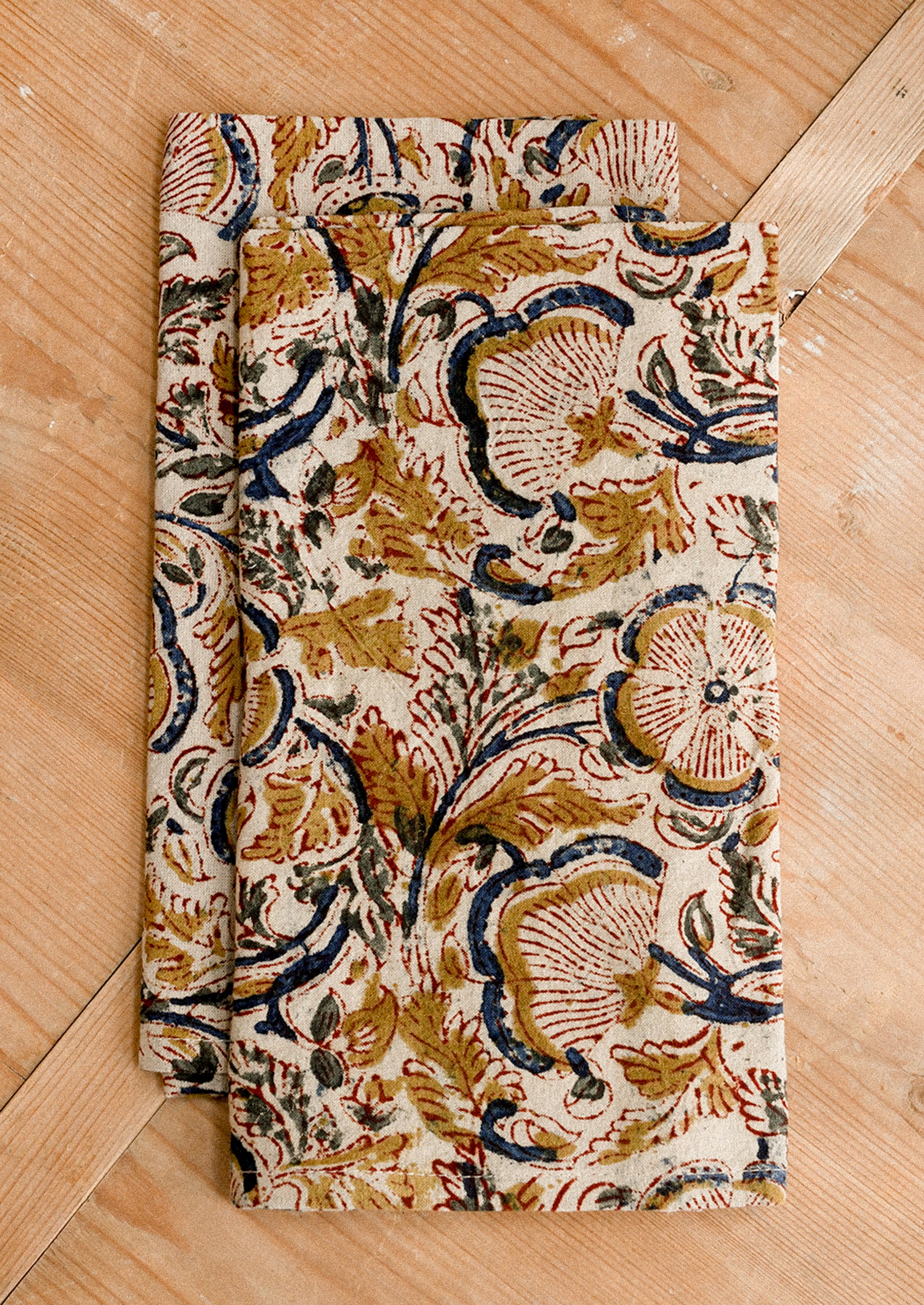 Decorative fabric with floral pattern on a wooden floor