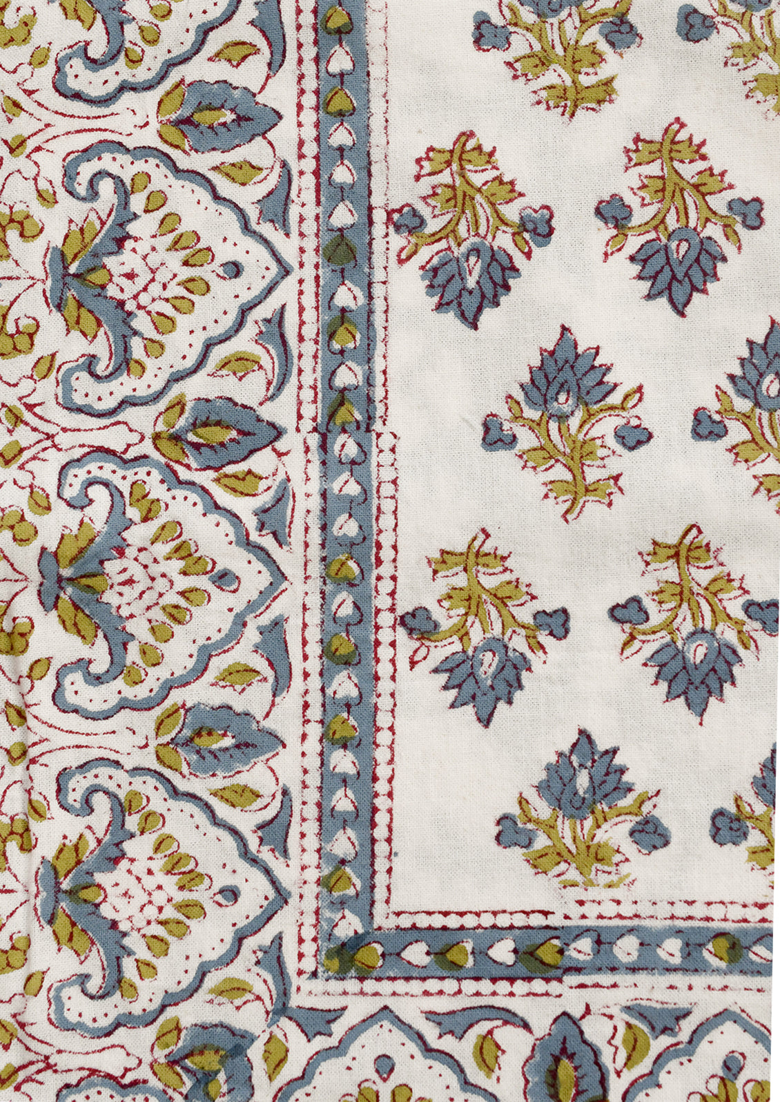 Close-up of a patterned fabric with floral and paisley designs.