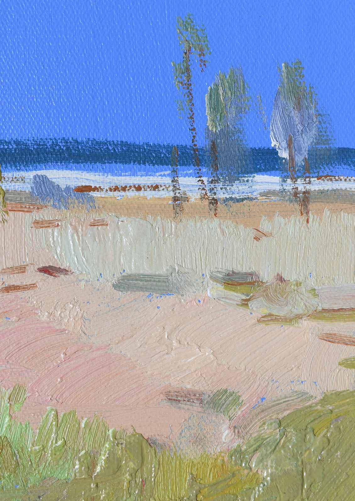 Impressionistic landscape painting of a beach scene with blue sky, pale sandy shore, green and beige vegetation, and a dark horizon line.