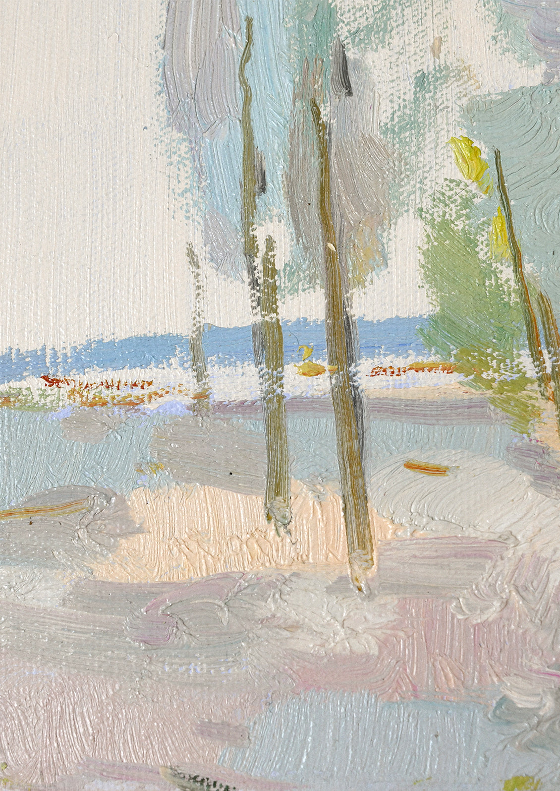 Close-up showing the abstract paint texture of an oil painting.