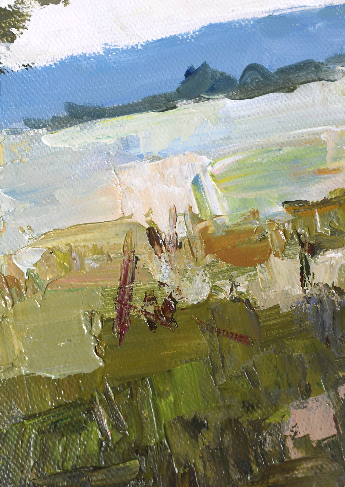 An impressionistic landscape painting featuring textured brushstrokes in shades of green, blue, cream, and brown, depicting a field or meadow scene.