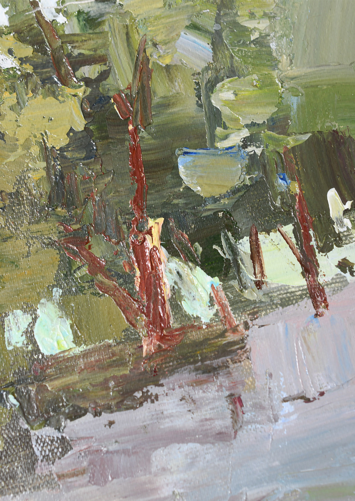 An impressionistic painting depicting a landscape with green foliage, reddish-brown tree trunks, and a pale pinkish-white foreground, rendered with thick textured brushstrokes.