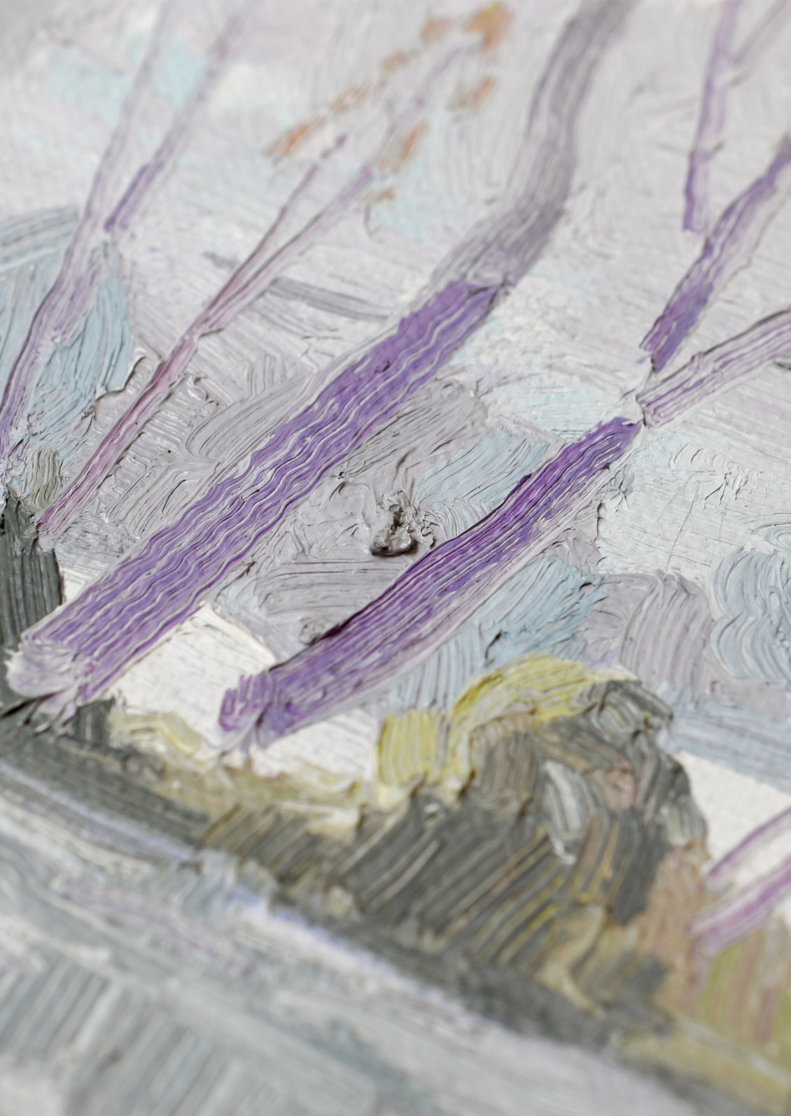 An oil painting with a small raised imperfection.