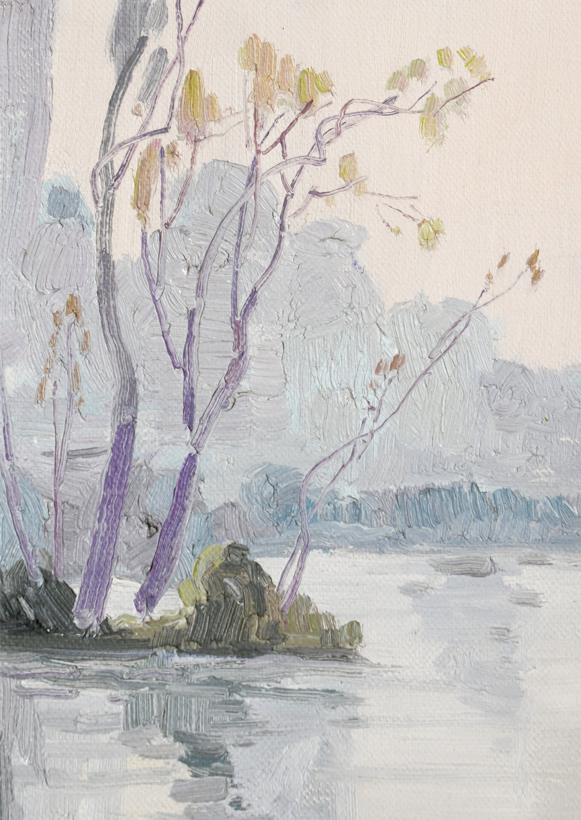 Detail of an abstract oil painting in pastel tones.