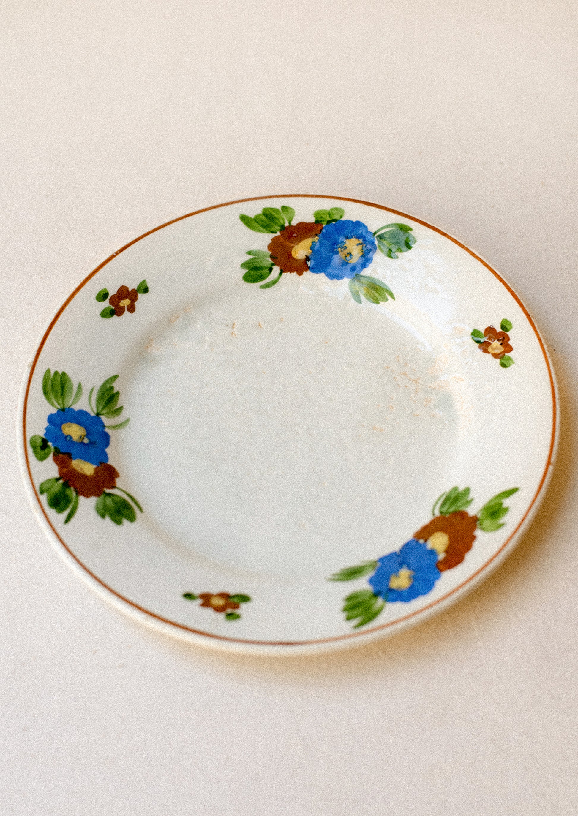 A ceramic plate with blue and brown painted floral pattern.