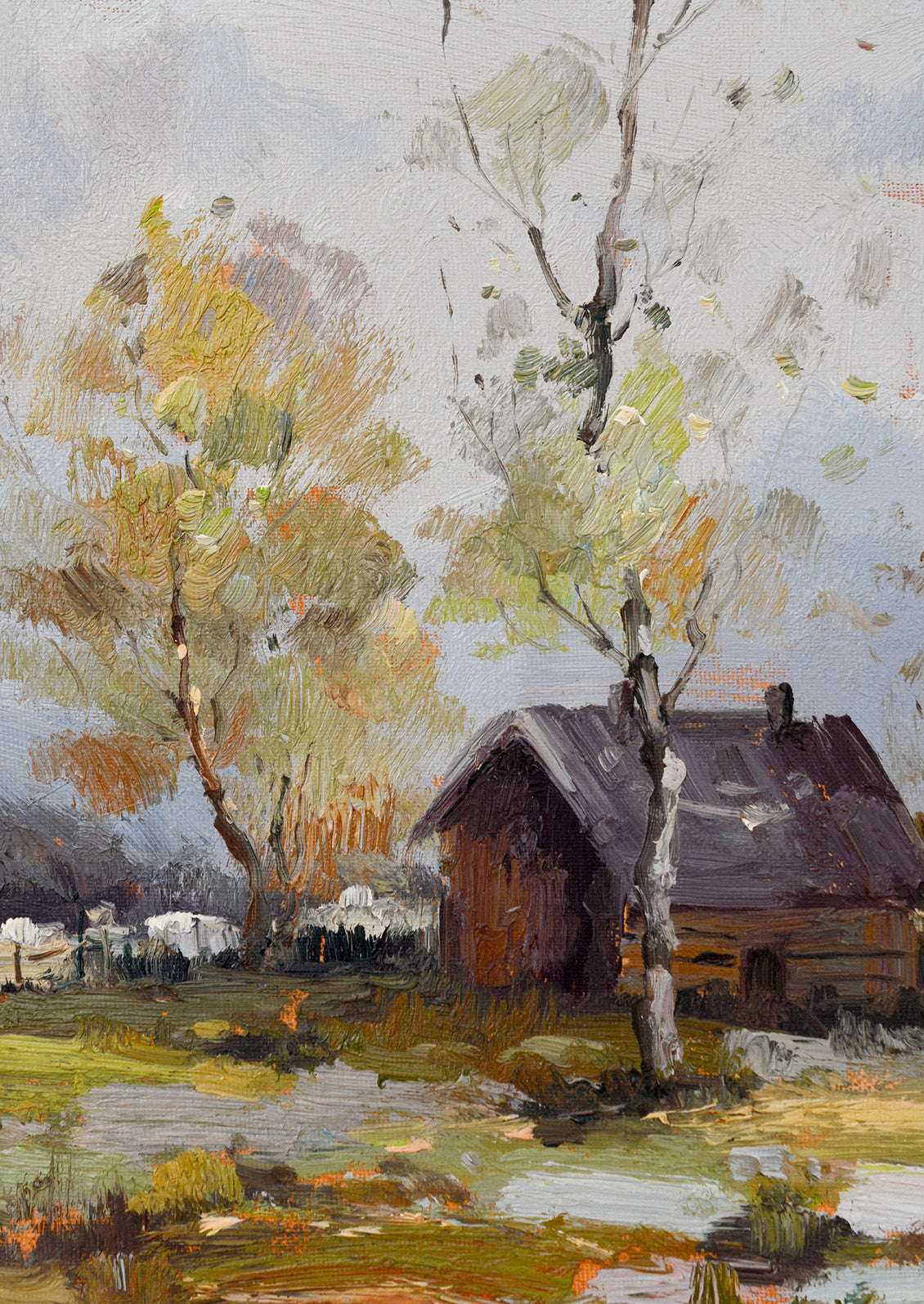 An original landscape oil painting of a countryside setting with a barn-like structure.