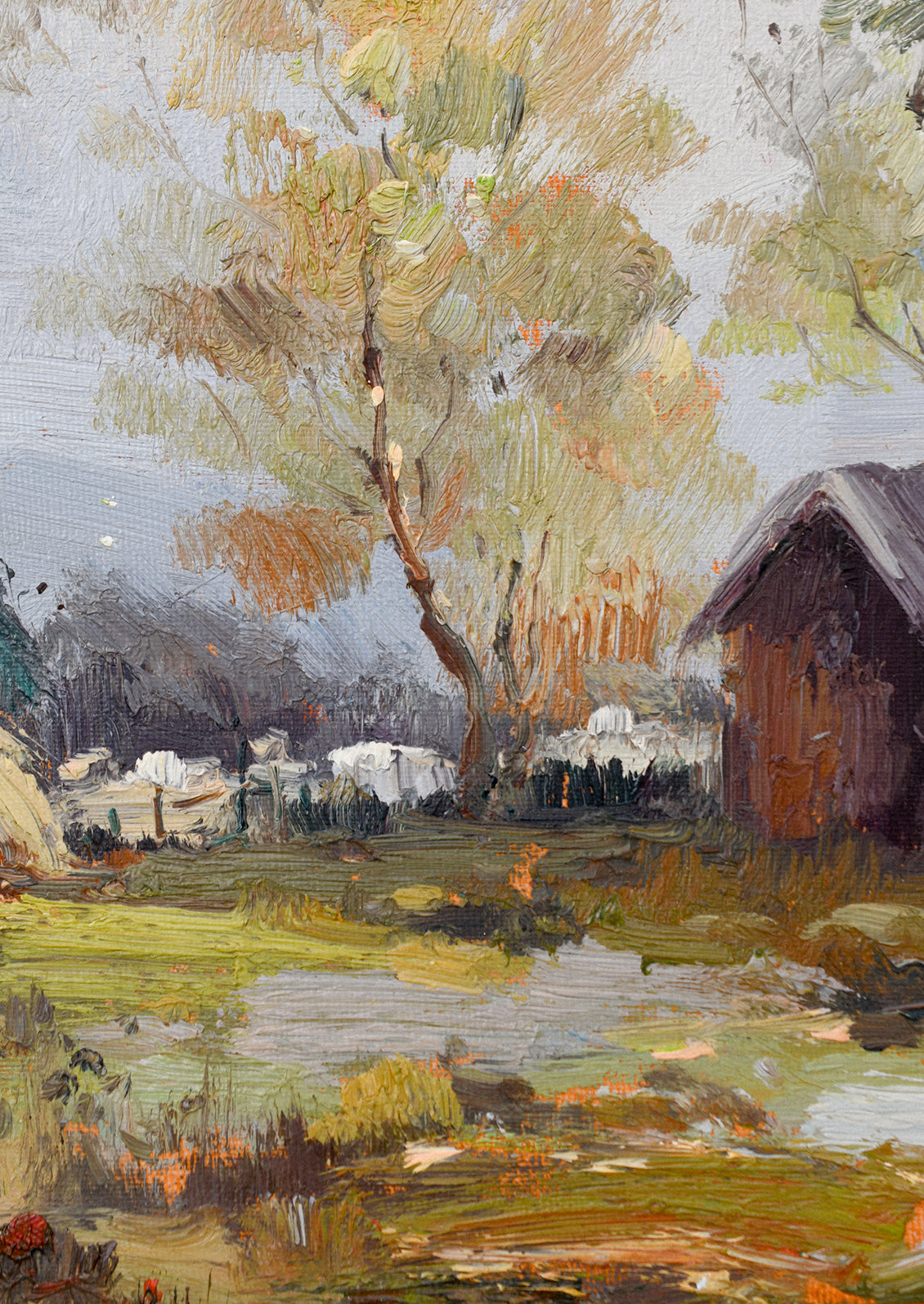 An original landscape oil painting of a countryside setting with a barn-like structure.