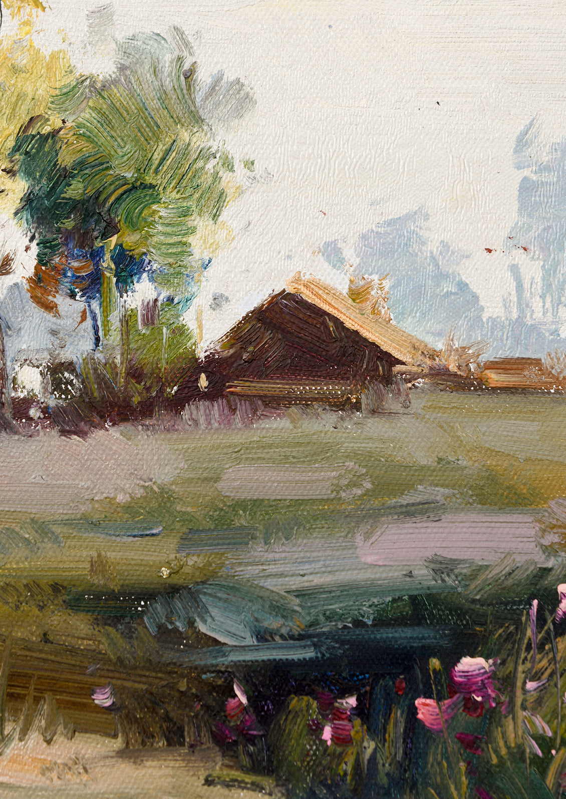 An original oil painting of a countryside scene with a structure in the distance.