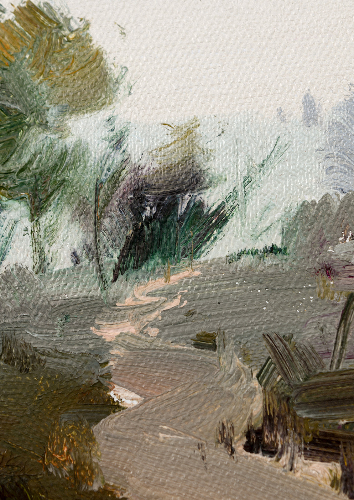 An original oil painting of a countryside scene with a structure in the distance.