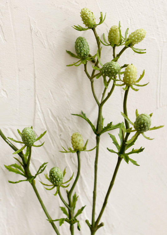 A faux greenery spray in the likeness of green eryngium.