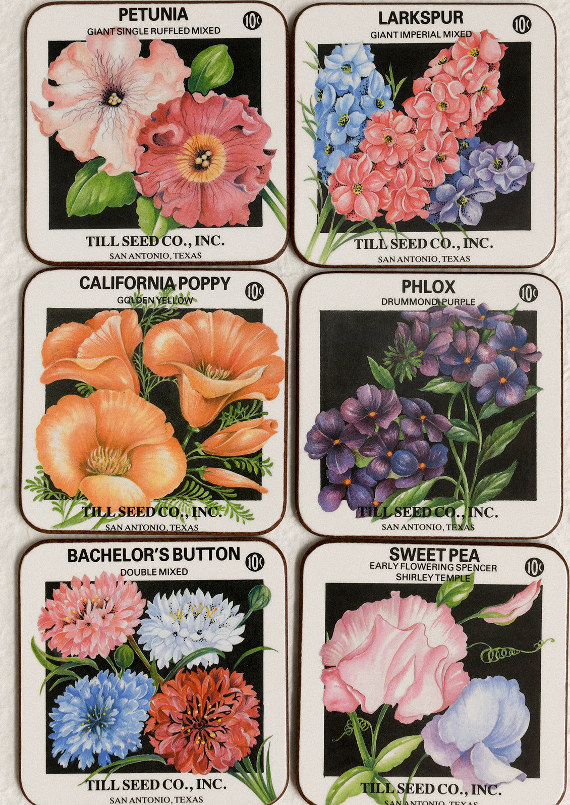 Set of six vintage seed packet designs featuring different flowers with Till Seed Co., Inc. branding.