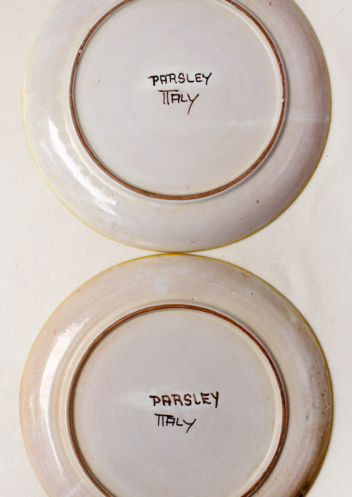 A pair of hand painted Italian plates with parsley flower detail.