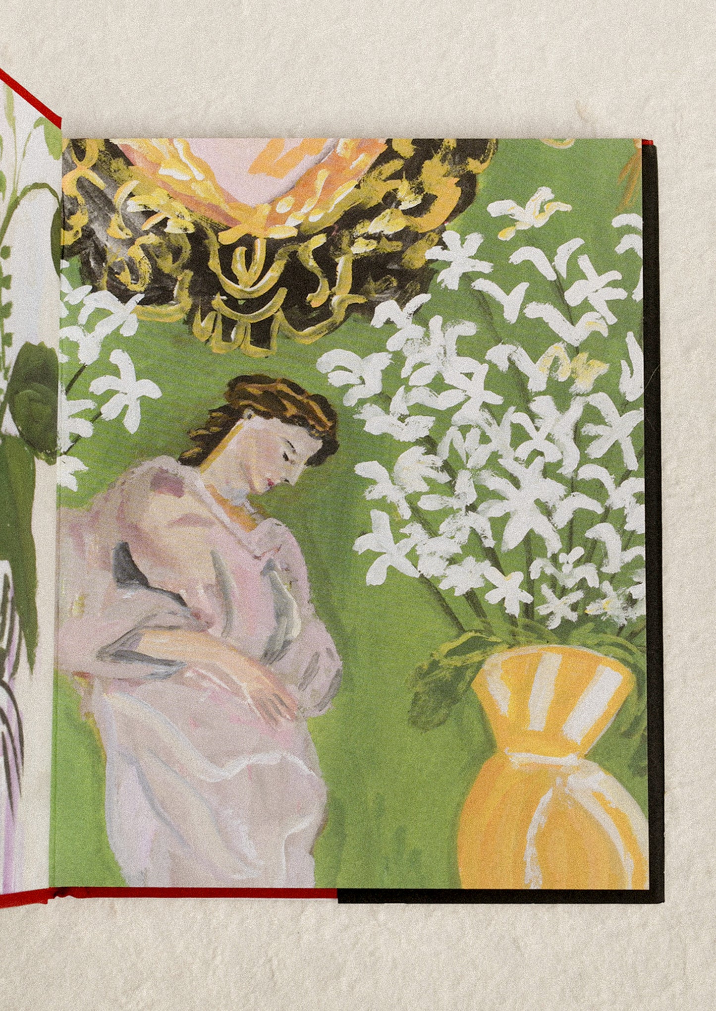 Illustrated book cover with a woman, flowers, and decorative elements on a green background.