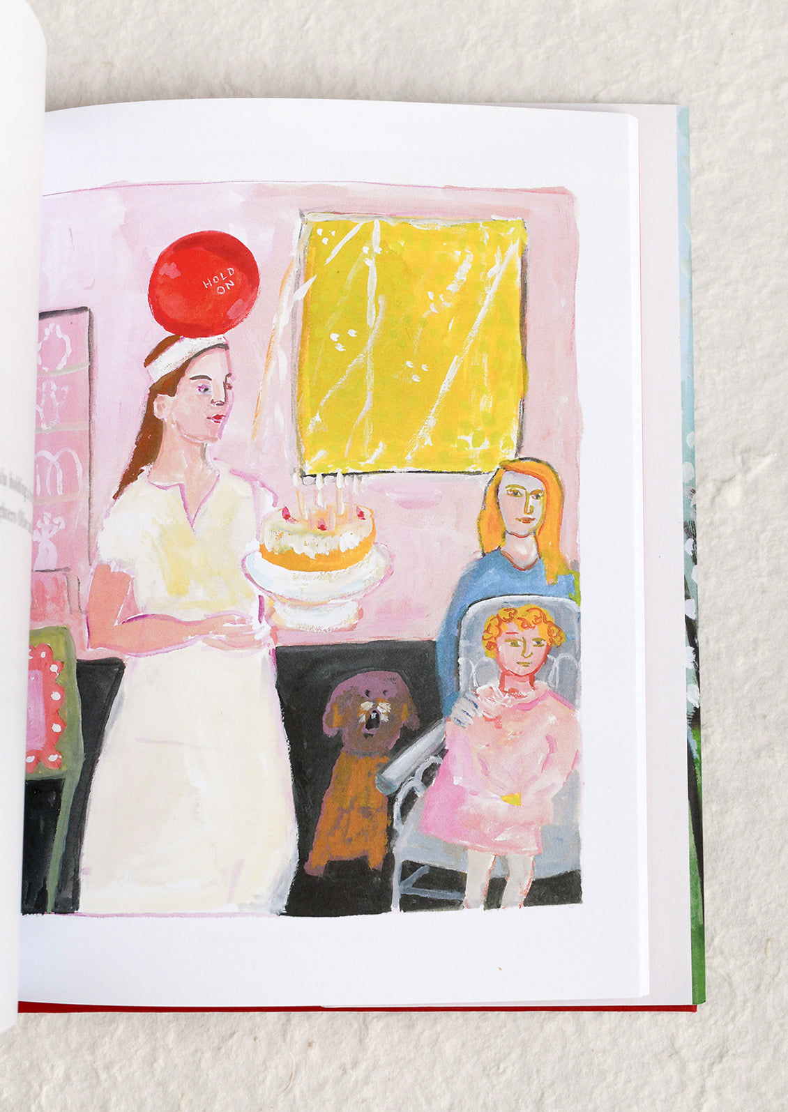 Illustrated page with a woman holding a cake, a child, and a dog in a room with a yellow window.