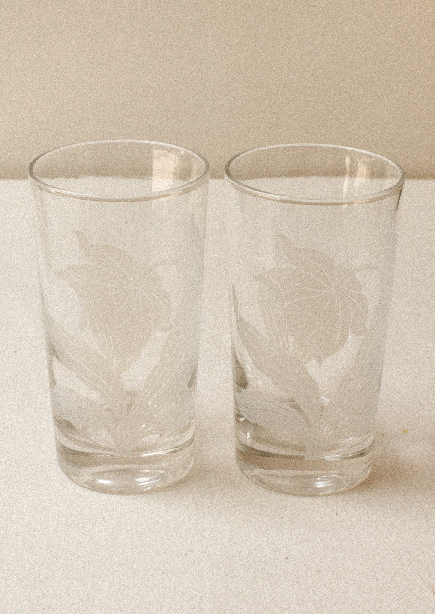 A pair of clear tall tumblers with frosted white daffodil graphic.