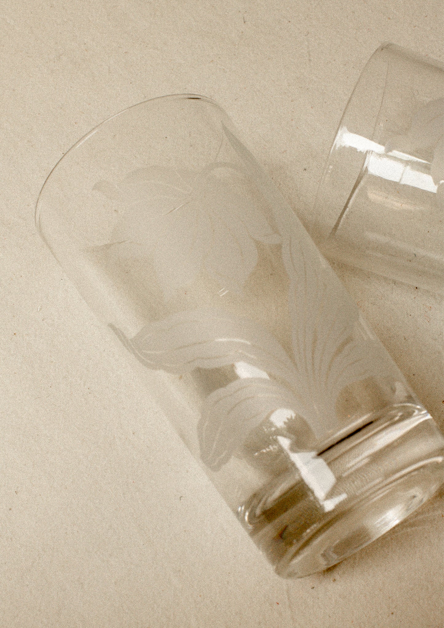 A pair of clear tall tumblers with frosted white daffodil graphic.