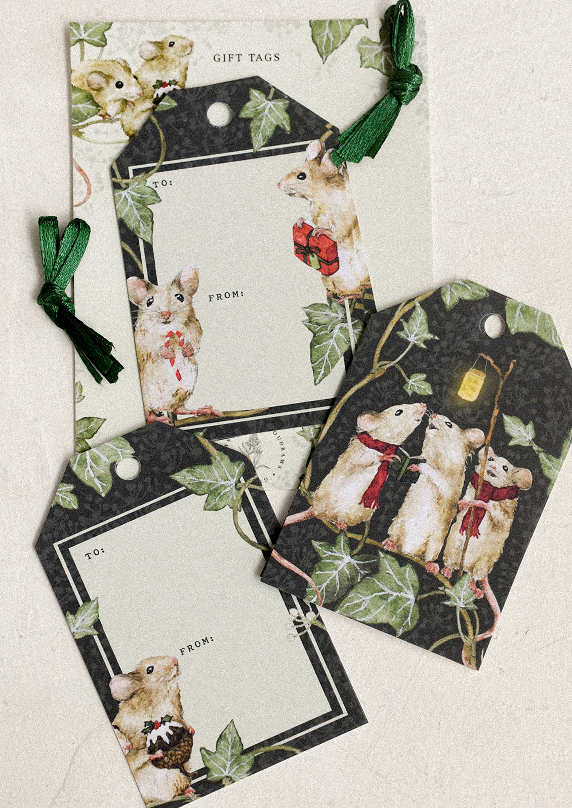 A set of gift tags with festive holiday mouse print.
