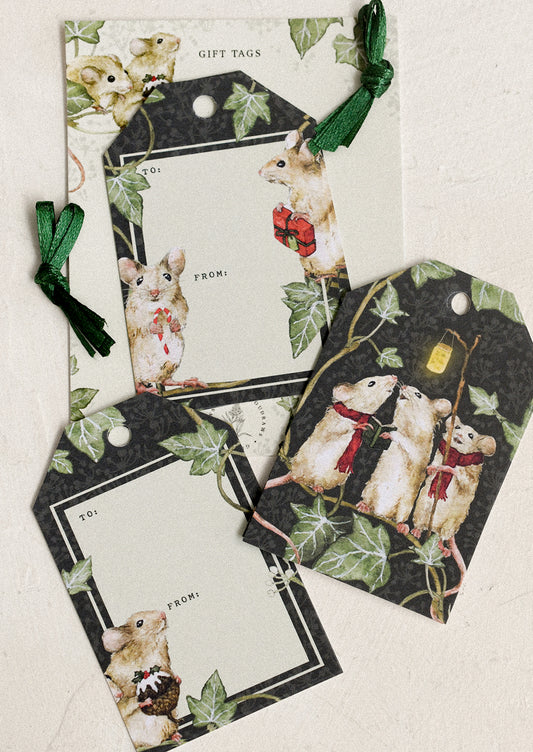 A set of gift tags with festive holiday mouse print.