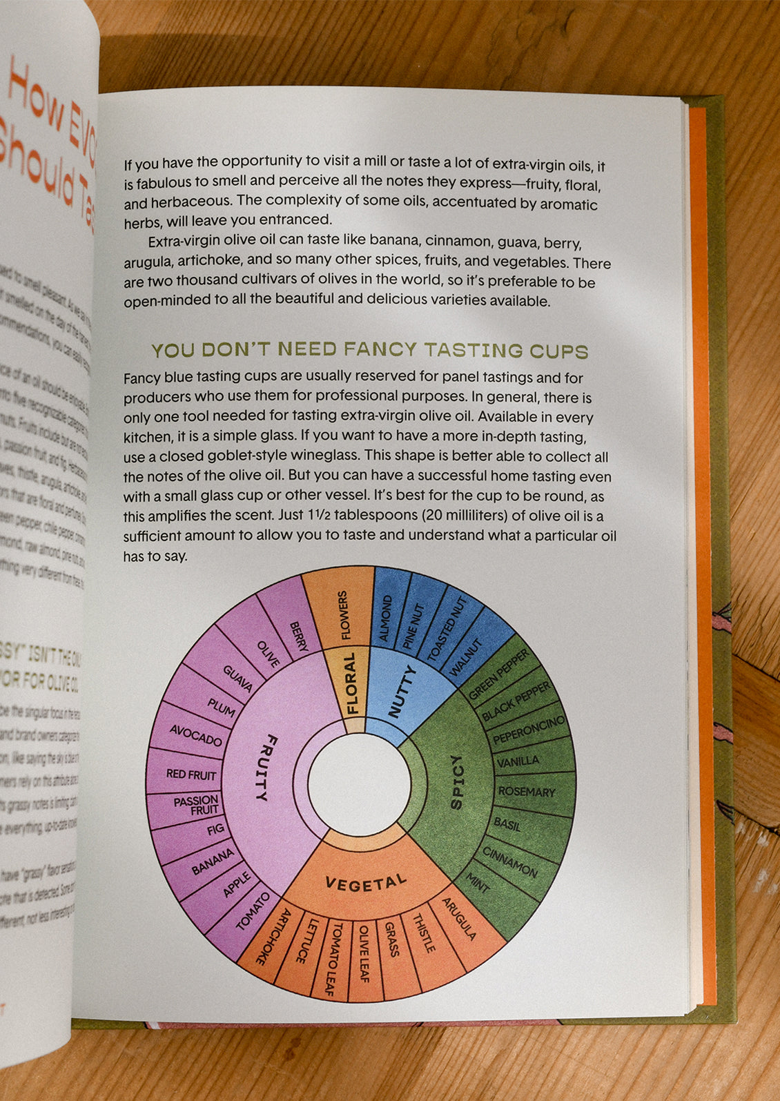 Open book with a color wheel and text on a wooden surface