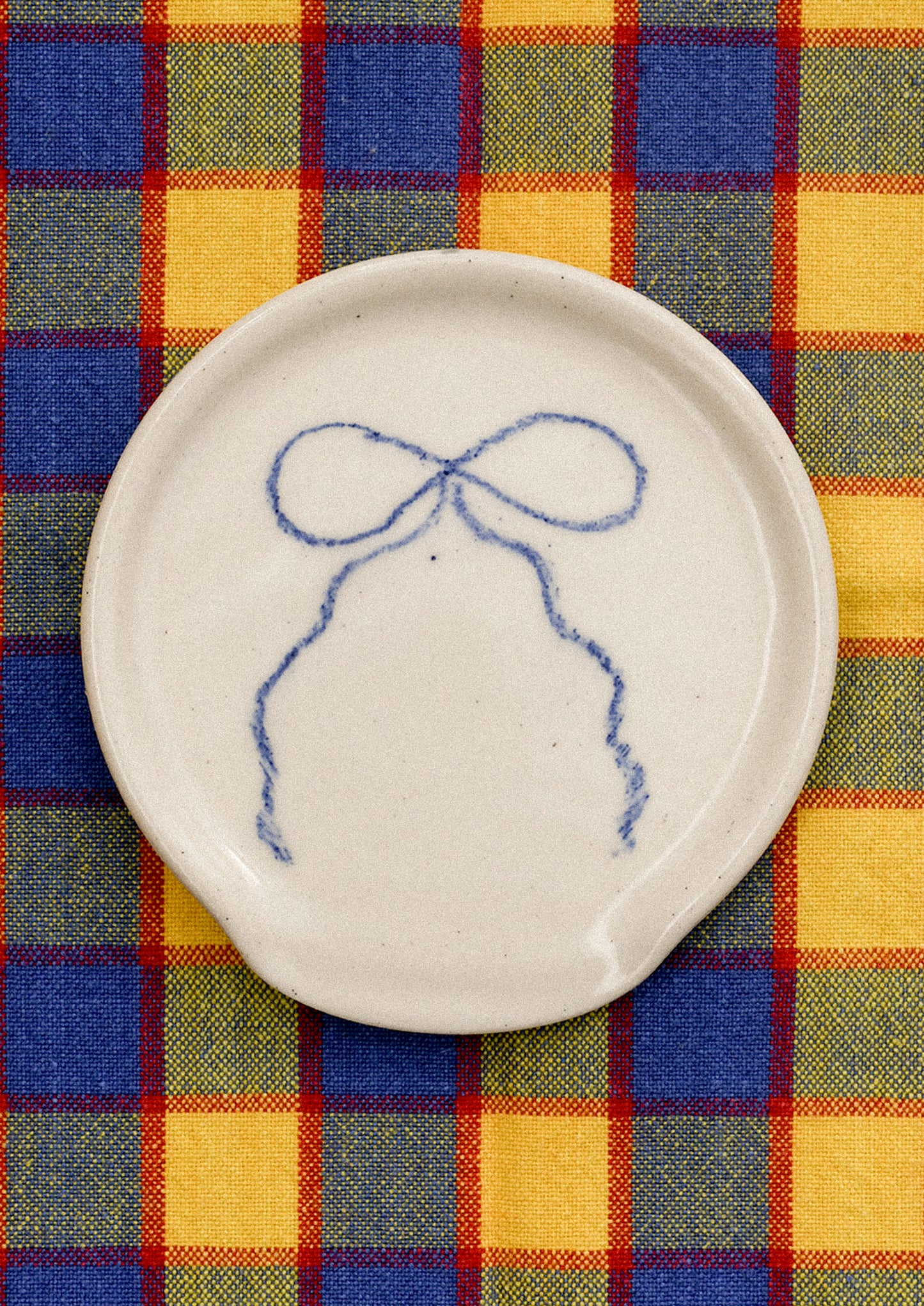 White ceramic plate with blue bow design on a colorful plaid fabric background