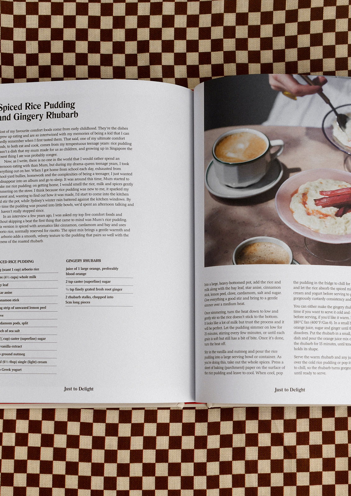 Open book with a recipe on a checkered surface