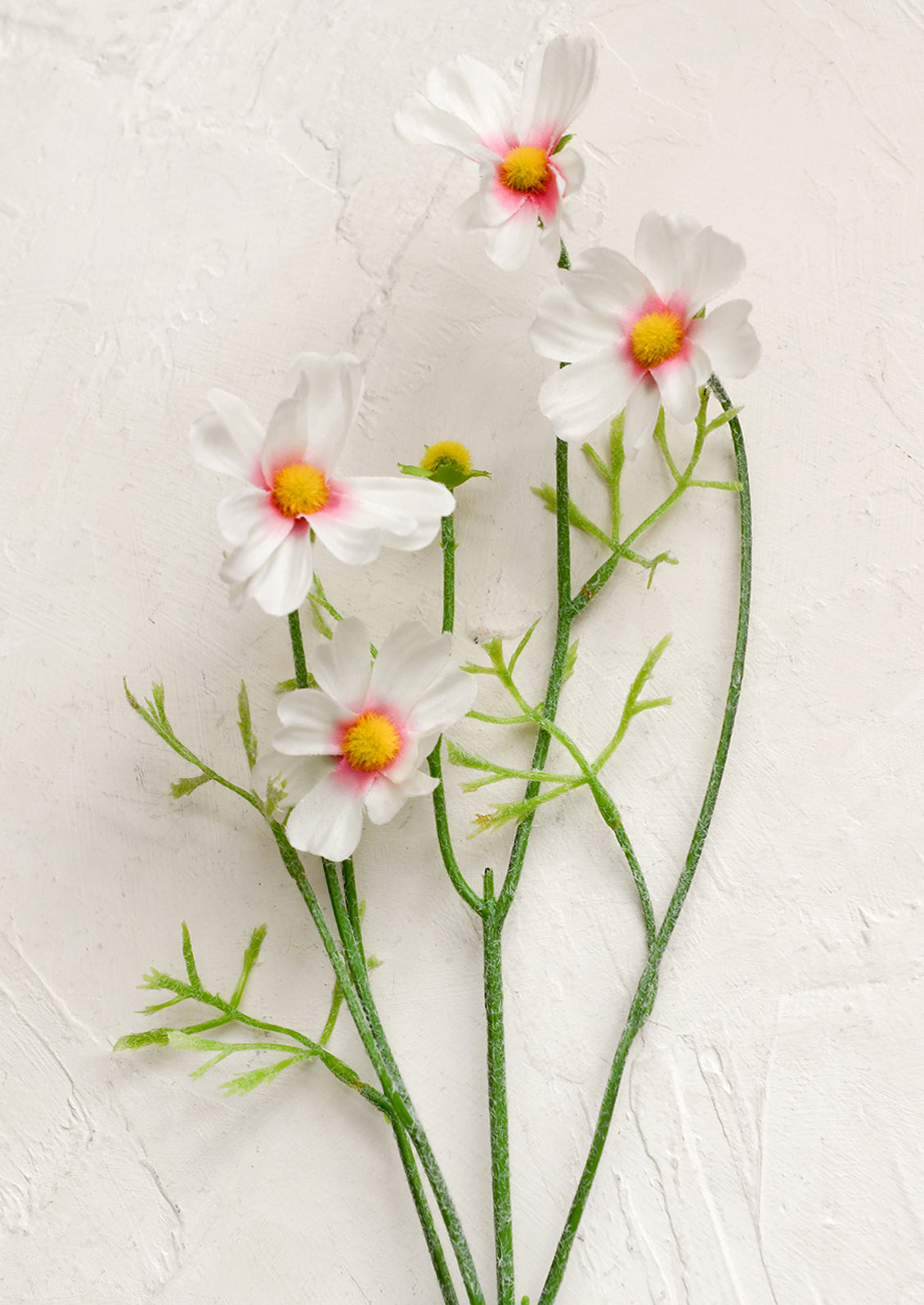 Artificial flowers with white petals and yellow centers on a textured light background