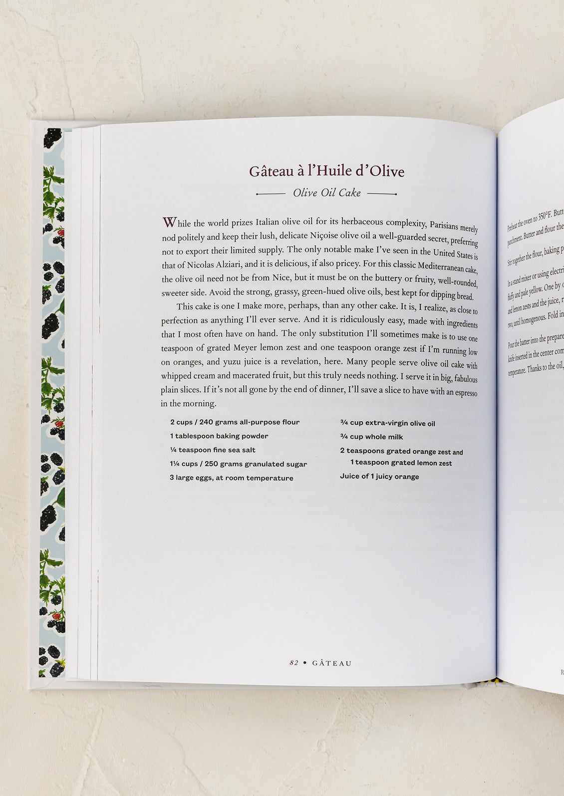 Open book with text and olive illustrations on a light background