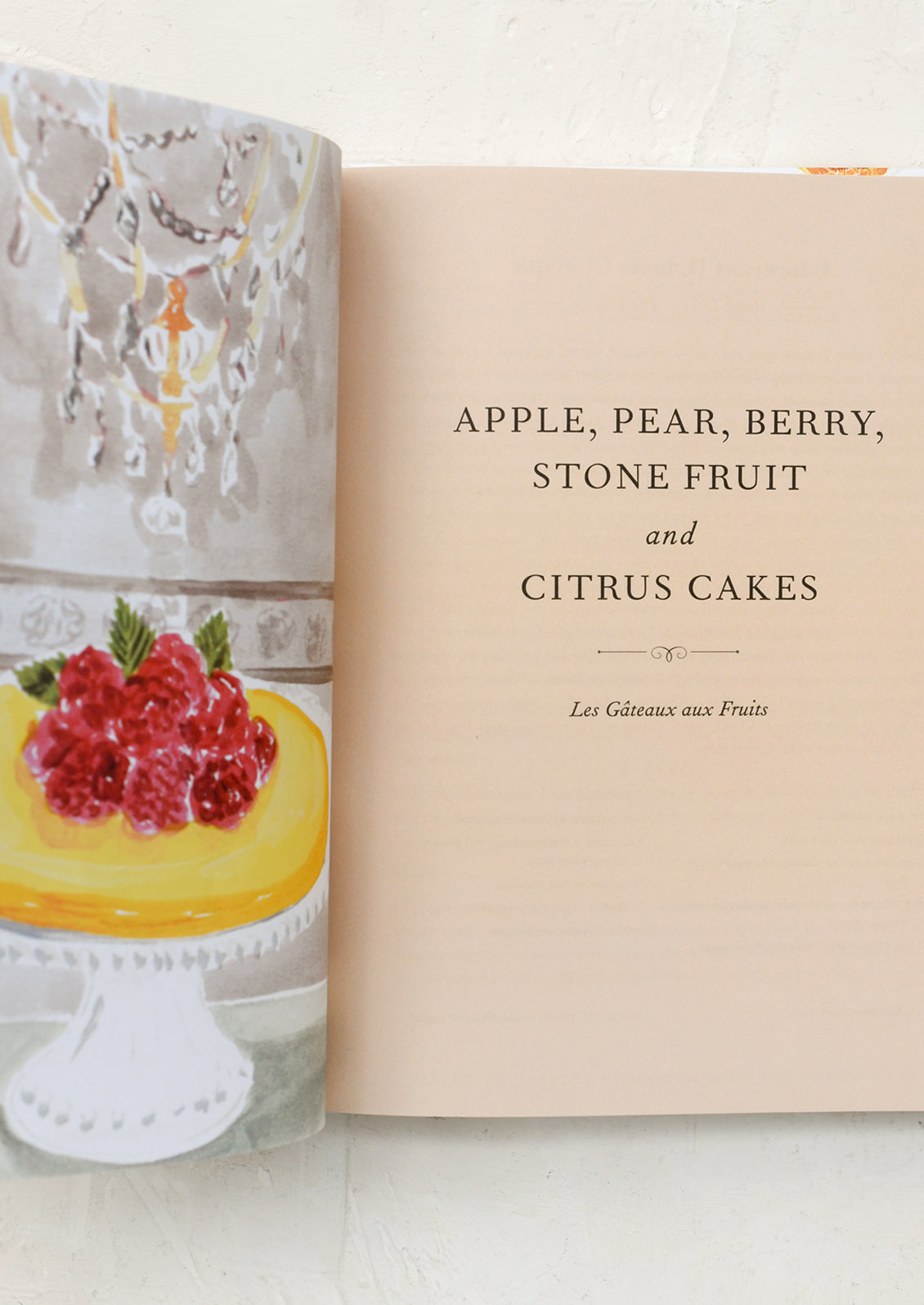 Book titled 'Apple, Pear, Berry, Stone Fruit and Citrus Cakes' with a cake illustration on a white surface.